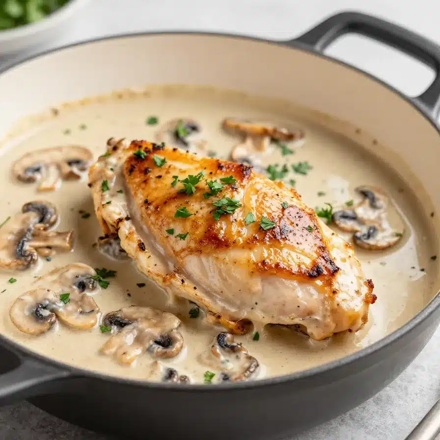 A creamy mushroom chicken dish served on a white plate with golden seared chicken breasts smothered in rich mushroom sauce