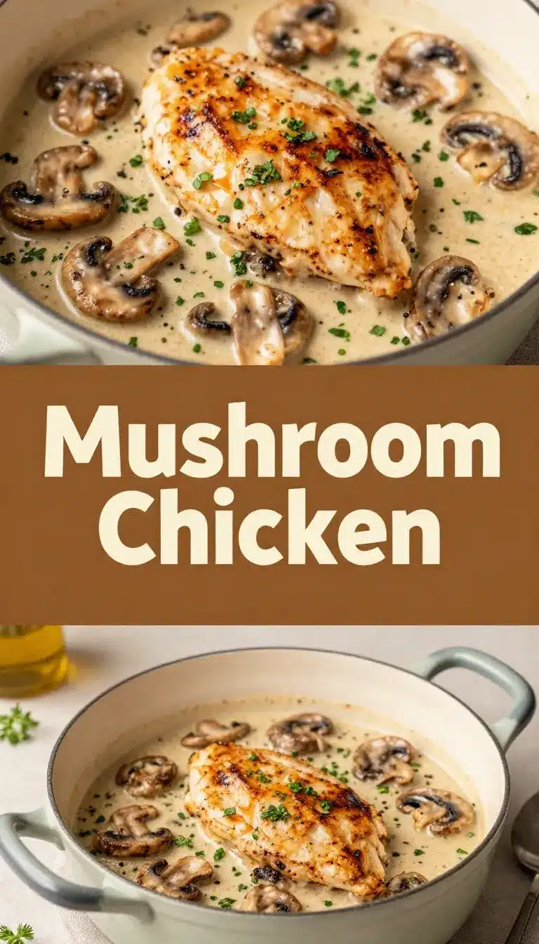 A creamy mushroom chicken dish served on a white plate with golden seared chicken breasts smothered in rich mushroom sauce