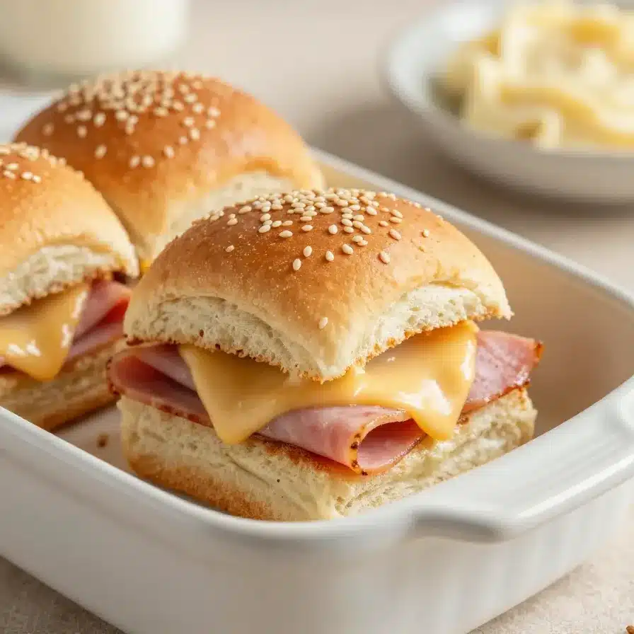Baked ham and cheese sliders stacked on a tray with melted cheese and glossy golden tops
