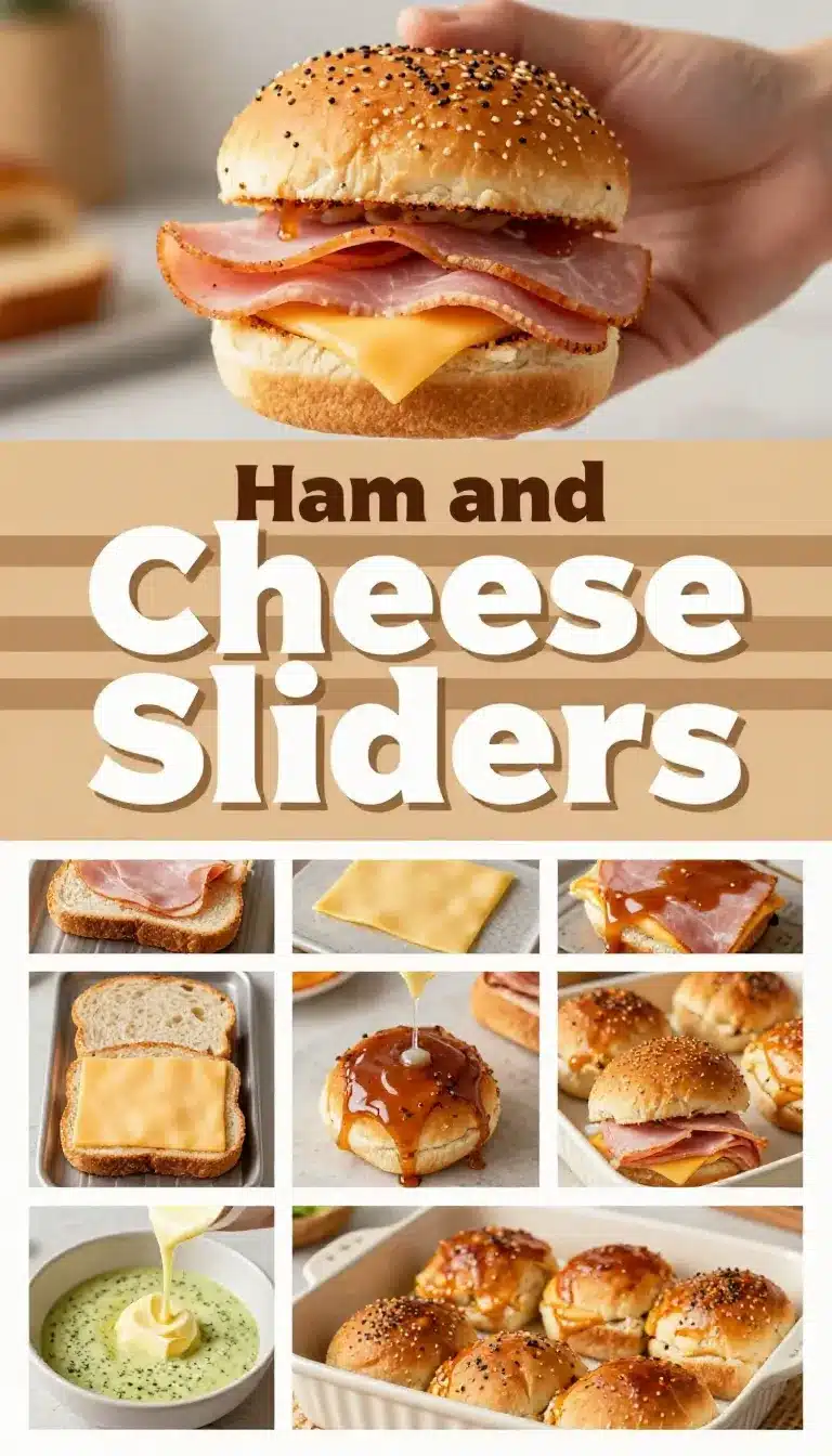 Baked ham and cheese sliders stacked on a tray with melted cheese and glossy golden tops