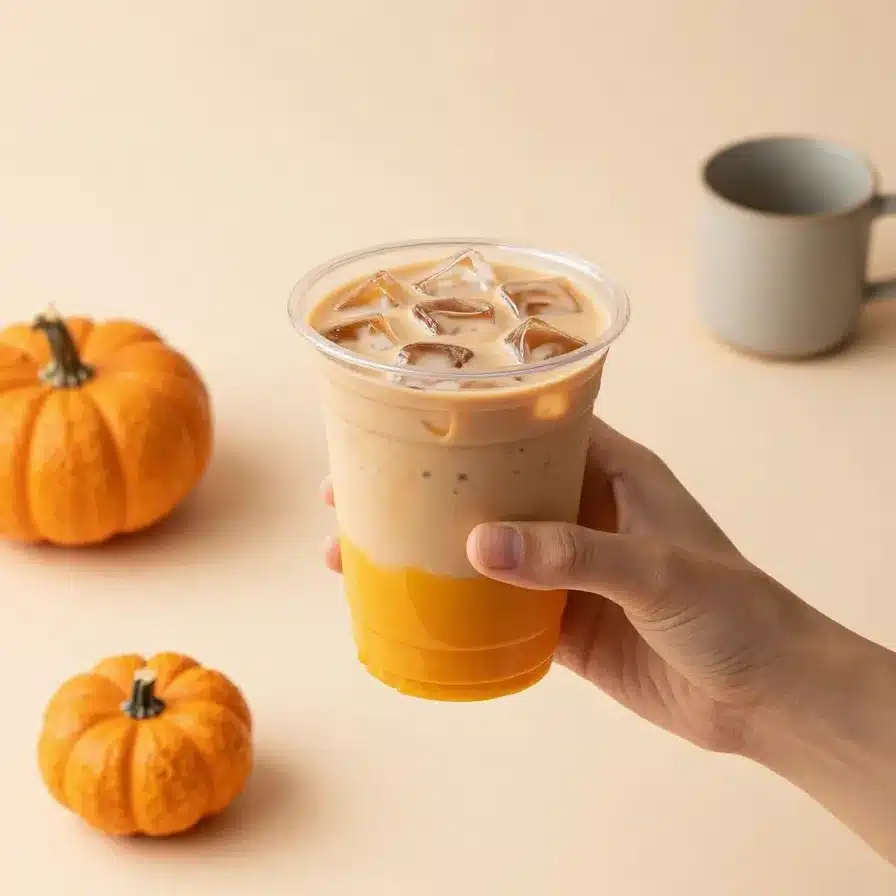 A cozy pumpkin chai latte in a clear glass mug topped with whipped cream and cinnamon on a wooden table