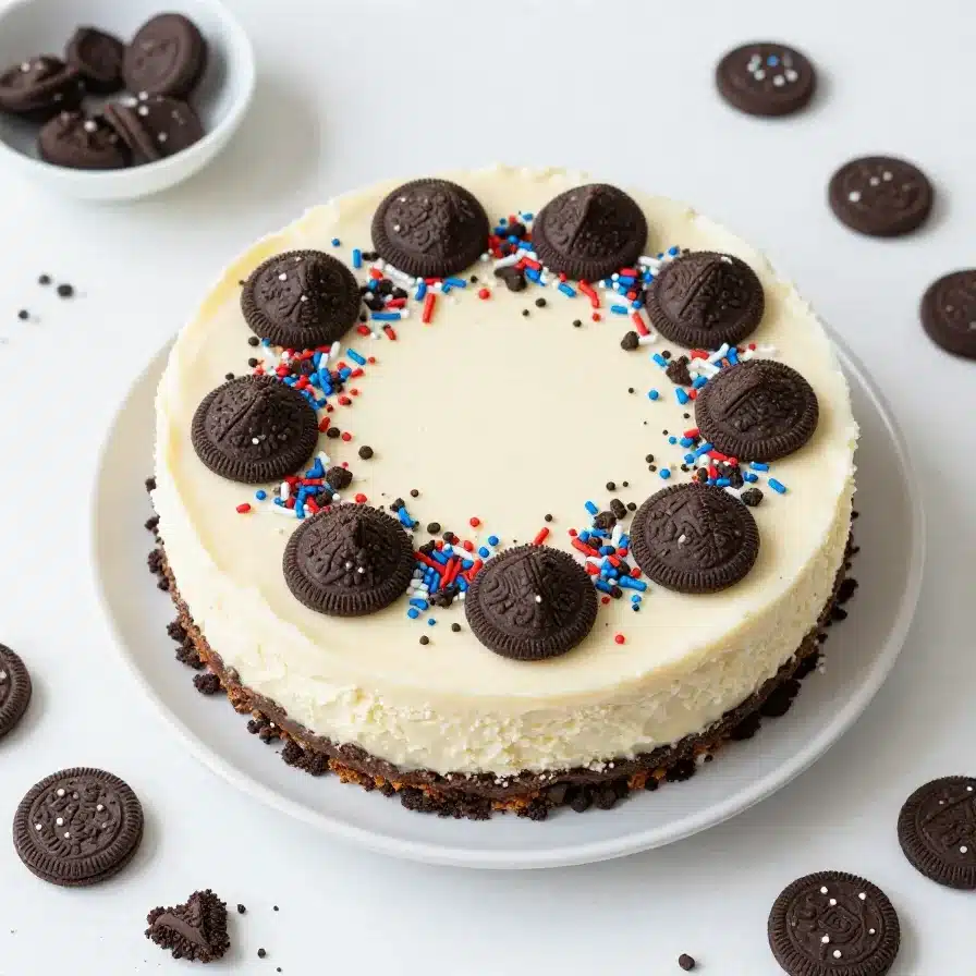 No bake Fireworks Oreo cheesecake bars topped with red, white, and blue sprinkles on a serving tray