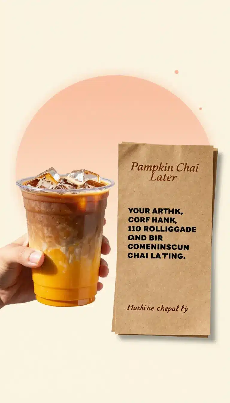 A cozy pumpkin chai latte in a clear glass mug topped with whipped cream and cinnamon on a wooden table
