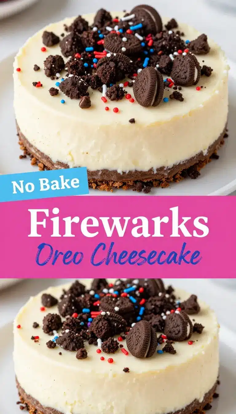 No bake Fireworks Oreo cheesecake bars topped with red, white, and blue sprinkles on a serving tray