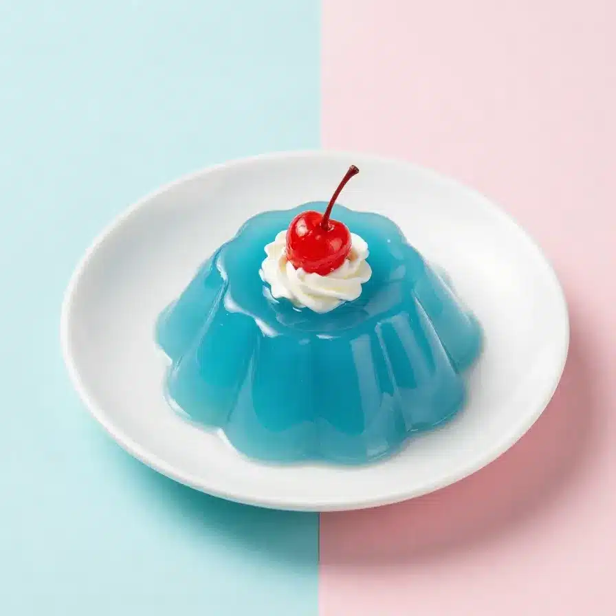Blue jelly cake with glossy layers and a smooth decorative finish on a white plate