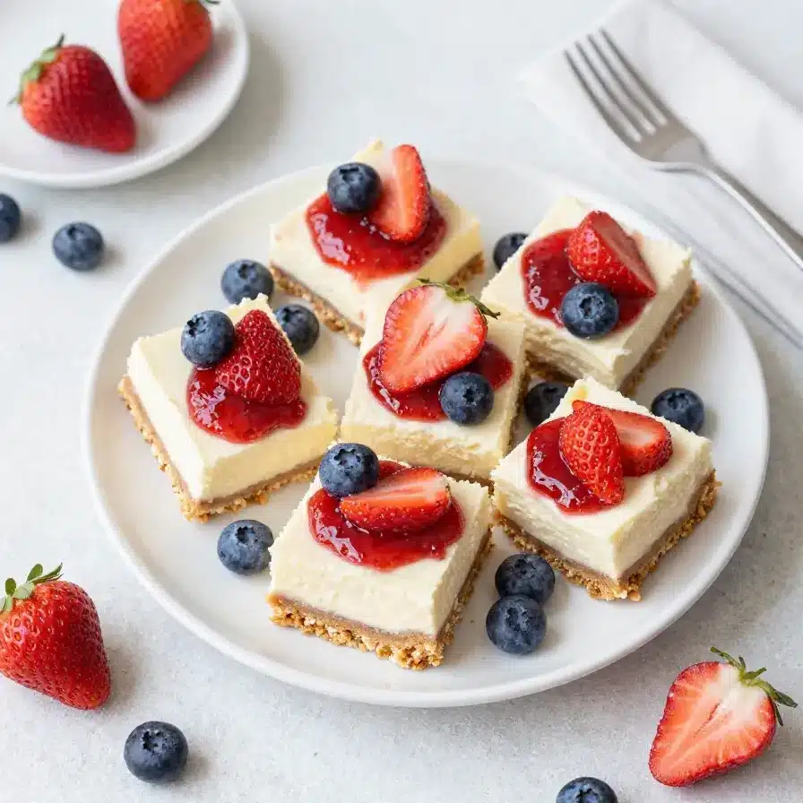 Patriotic no-bake flag cheesecake bars topped with fresh strawberries and blueberries arranged to resemble the American flag