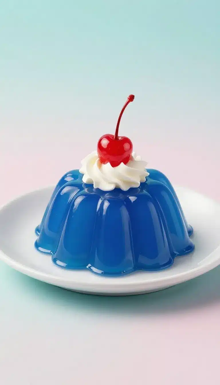 Blue jelly cake with glossy layers and a smooth decorative finish on a white plate