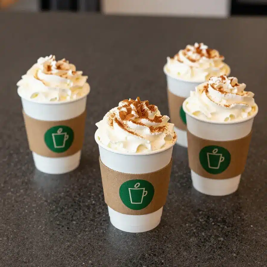 A warm pumpkin spice latte topped with whipped cream and cinnamon sprinkles in a ceramic mug.