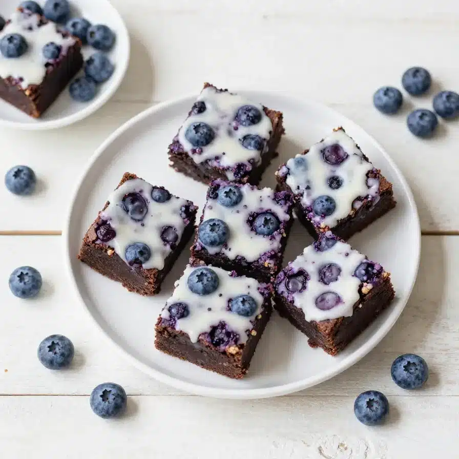 Fresh Blueberry Brownies 5 Fresh blueberry brownies with a rich chocolate base and scattered blueberries on top, cut into neat squares.