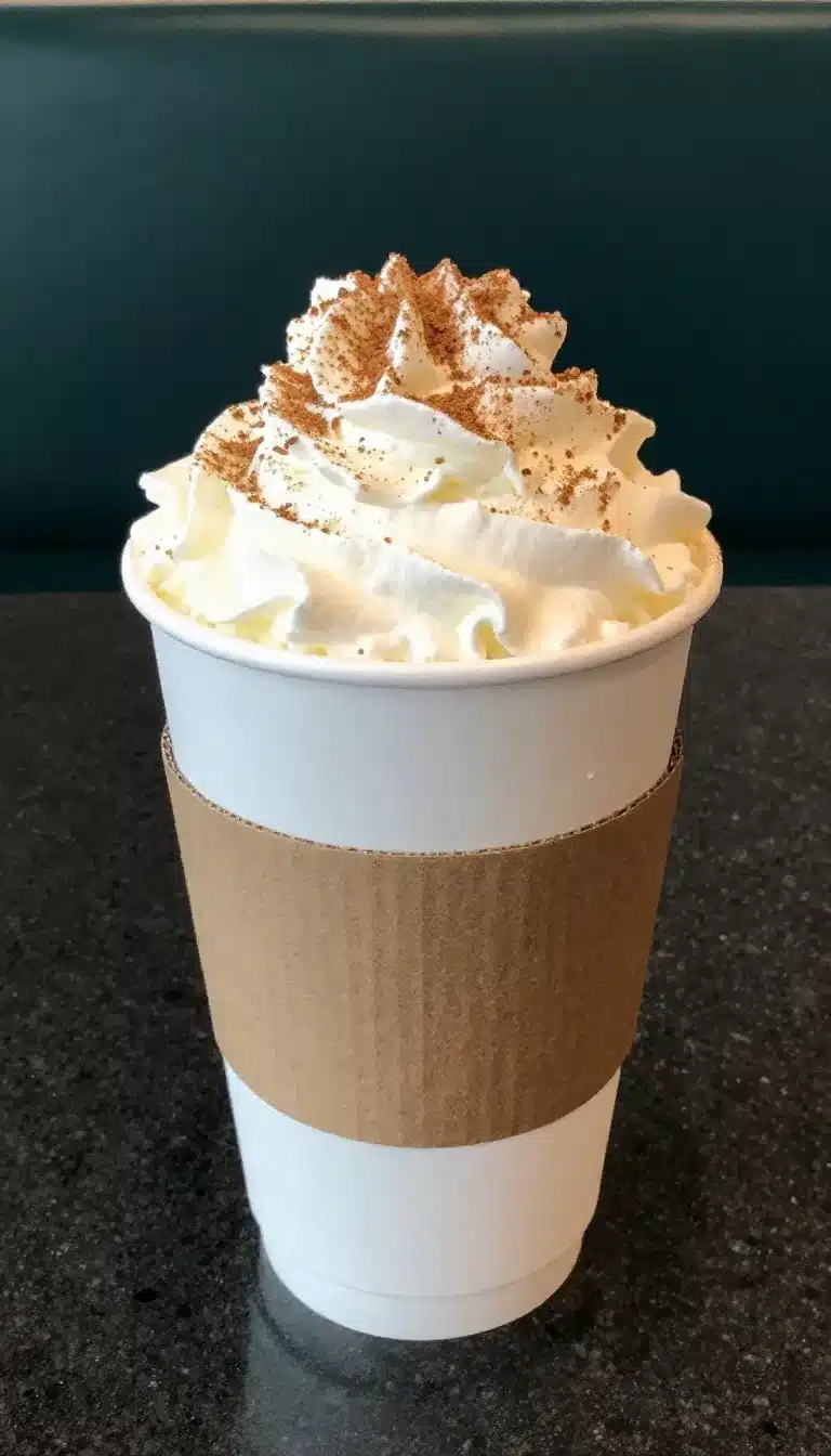 A warm pumpkin spice latte topped with whipped cream and cinnamon sprinkles in a ceramic mug.