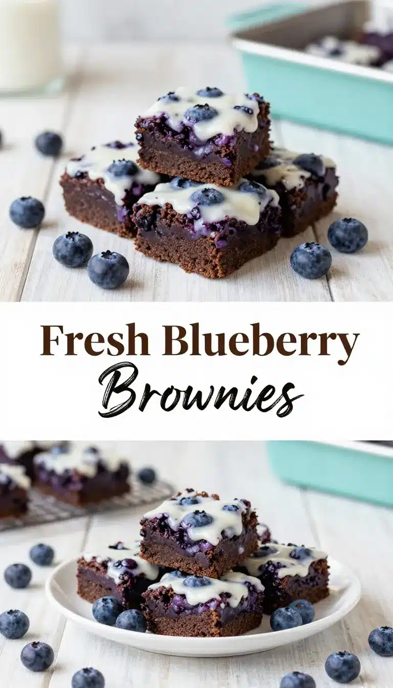 Fresh Blueberry Brownies 9 Fresh blueberry brownies with a rich chocolate base and scattered blueberries on top, cut into neat squares.