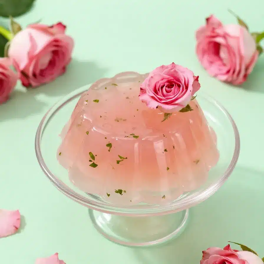 Rose Jello Cake 5 A rose jello cake with a glossy pink gelatin layer and decorative rose-shaped topping on a white serving plate.