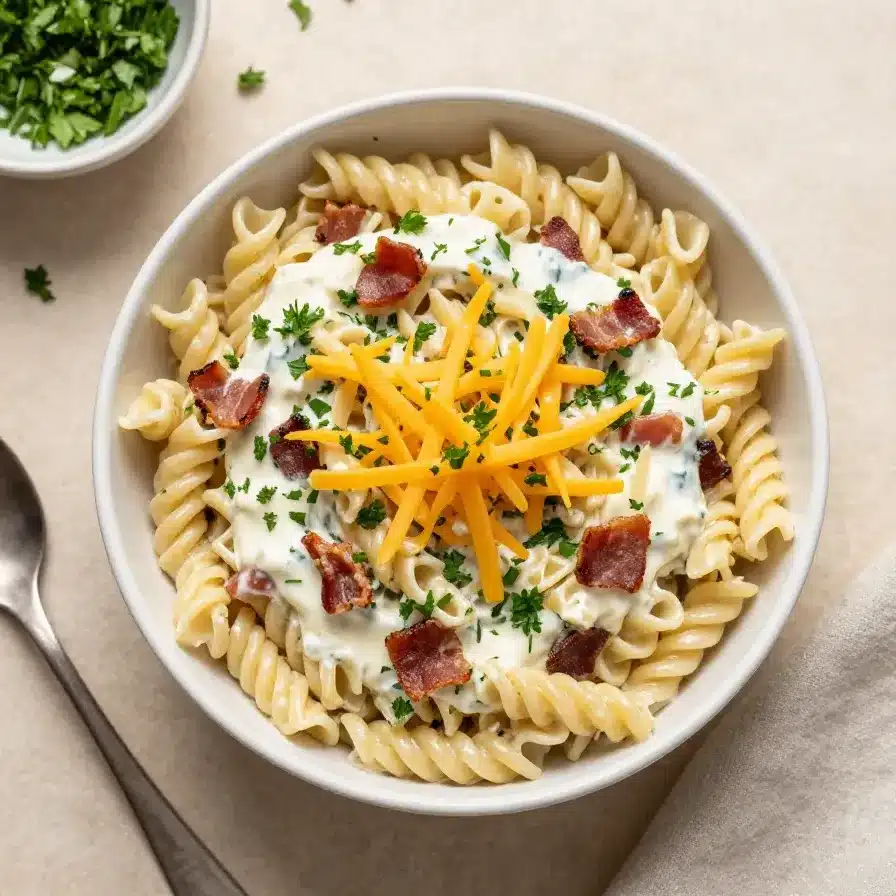 A bowl of bacon ranch pasta salad with rotini pasta, crispy bacon, cherry tomatoes, and chopped parsley