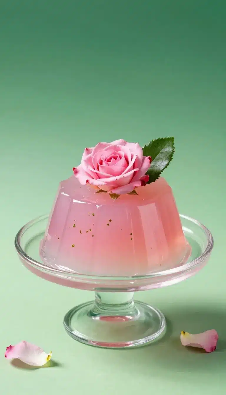 Rose Jello Cake 9 A rose jello cake with a glossy pink gelatin layer and decorative rose-shaped topping on a white serving plate.