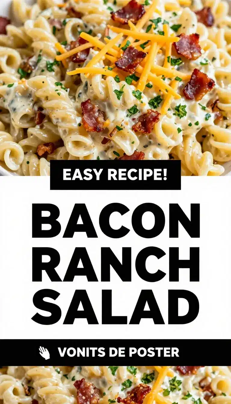 A bowl of bacon ranch pasta salad with rotini pasta, crispy bacon, cherry tomatoes, and chopped parsley