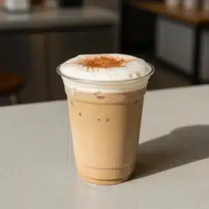 A glass of refreshing iced coffee with ice cubes and a straw on a table