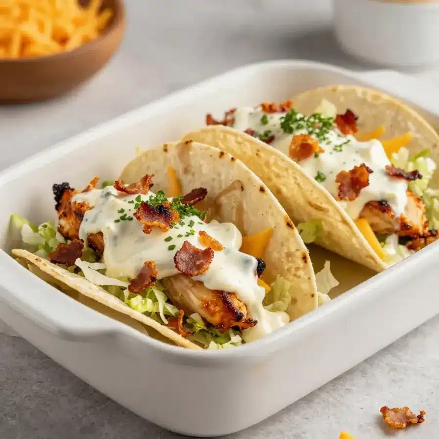Home 108 Cheesy Oven-Crispy Chicken Bacon Ranch Tacos