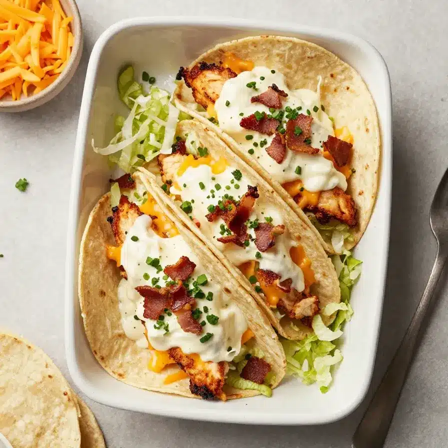 Cheesy Oven-Crispy Chicken Bacon Ranch Tacos 5 Oven-crispy chicken bacon ranch tacos topped with melted cheese and served on a plate