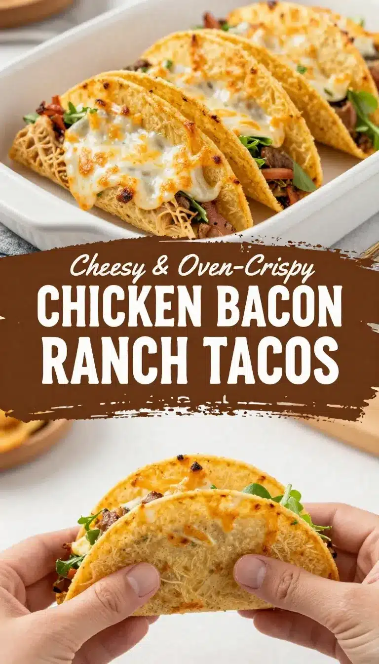 Cheesy Oven-Crispy Chicken Bacon Ranch Tacos 9 Oven-crispy chicken bacon ranch tacos topped with melted cheese and served on a plate