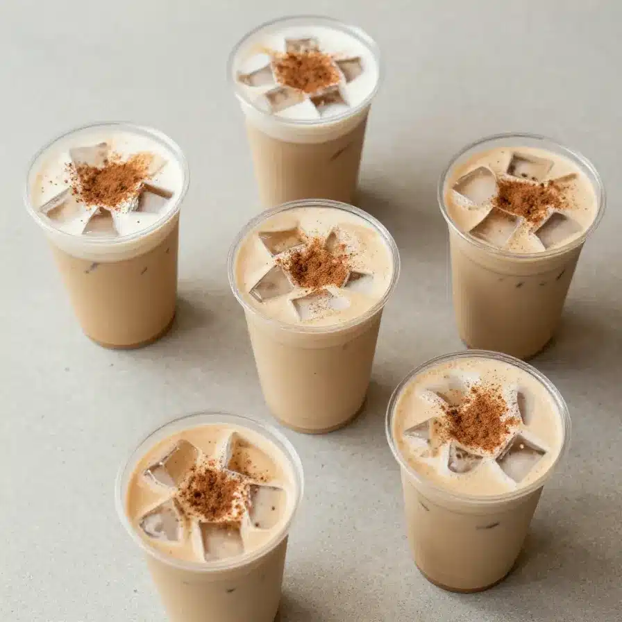 Refreshing Iced Coffee 5 A chilled glass of iced coffee with ice cubes and a creamy layer on top beside coffee beans