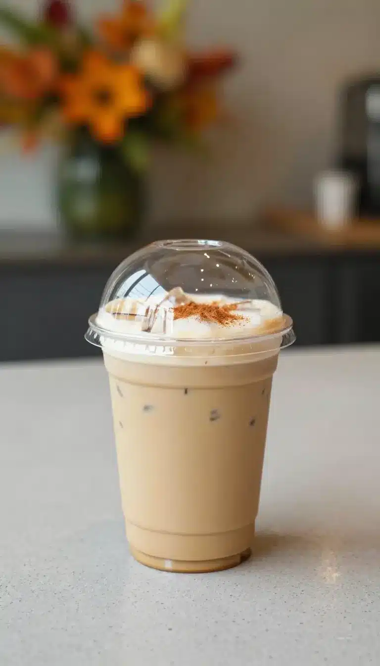 Refreshing Iced Coffee 8 A chilled glass of iced coffee with ice cubes and a creamy layer on top beside coffee beans