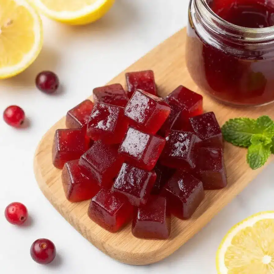 A bowl of Jillian Michaels gelatin recipe topped with fresh berries on a kitchen counter