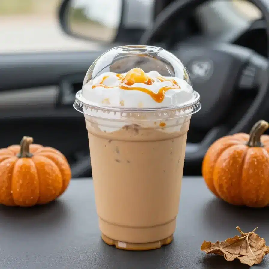 Caramel Pumpkin Chai Latte with Pumpkin Cold Foam 5 A caramel pumpkin chai latte topped with pumpkin cold foam and a light drizzle of caramel in a clear glass.