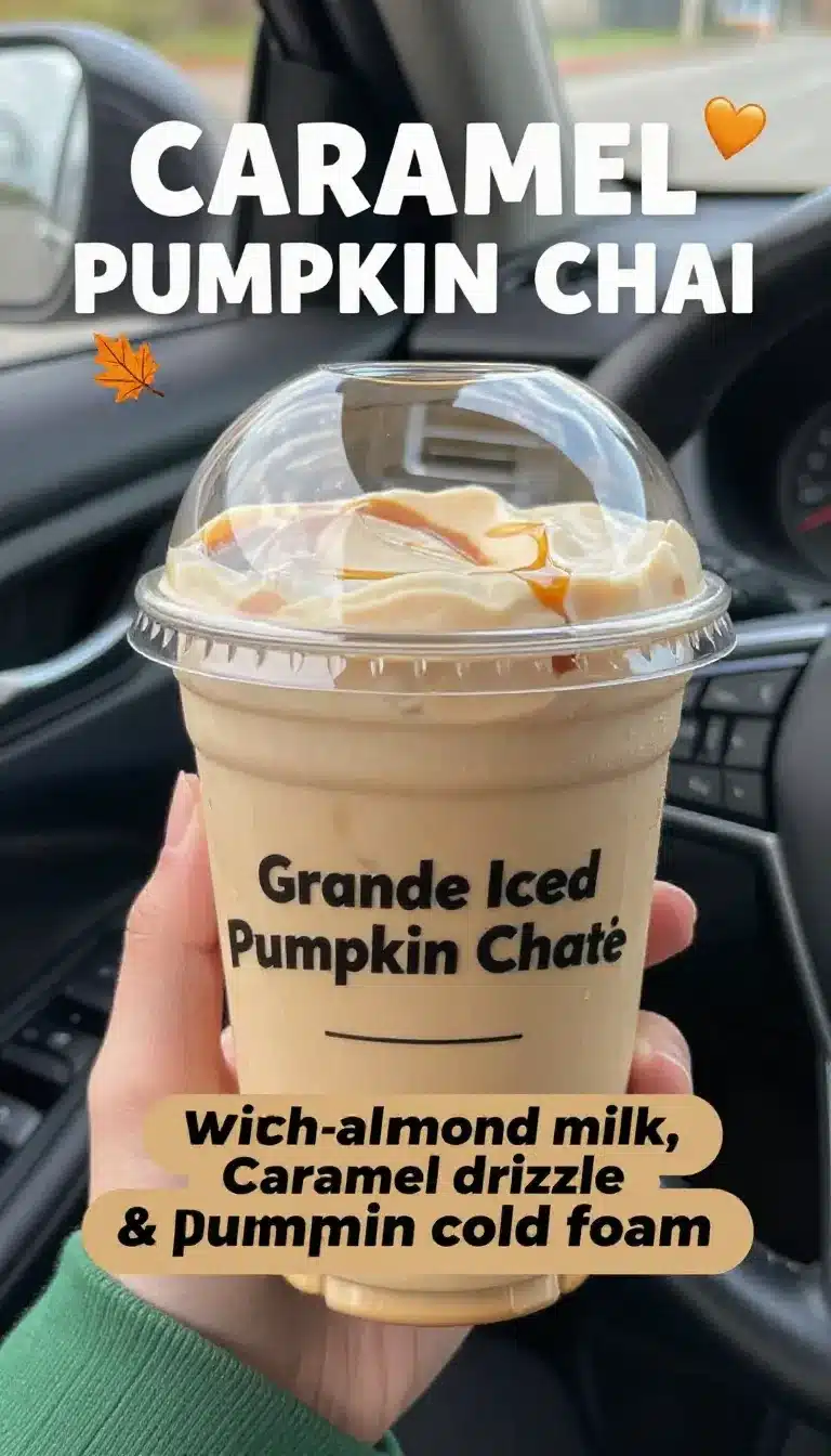 Caramel Pumpkin Chai Latte with Pumpkin Cold Foam 9 A caramel pumpkin chai latte topped with pumpkin cold foam and a light drizzle of caramel in a clear glass.