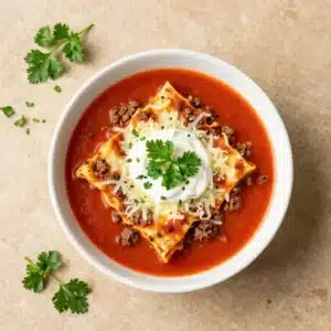 A bowl of hearty lasagna soup topped with melted cheese, fresh basil, and a spoon on the side