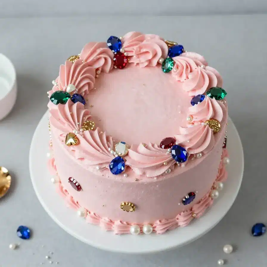 A sliced diamond cake with a glossy glaze and layered sponge on a white serving plate