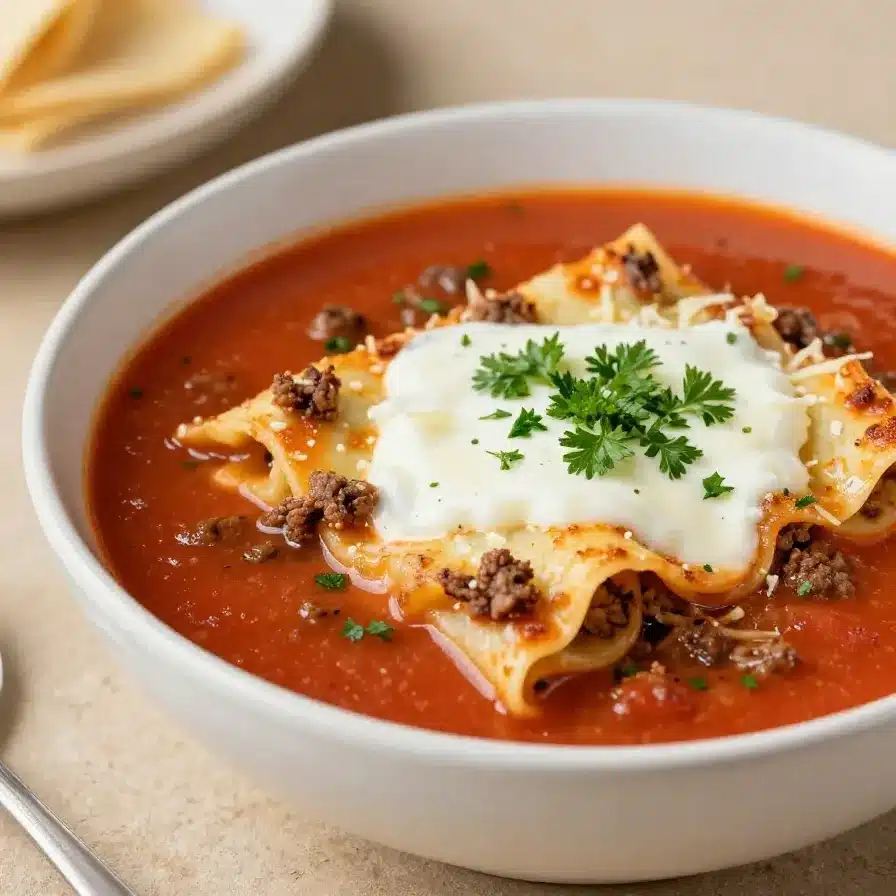The Best Lasagna Soup 5 A bowl of hearty lasagna soup topped with melted cheese, fresh basil, and a spoon on the side