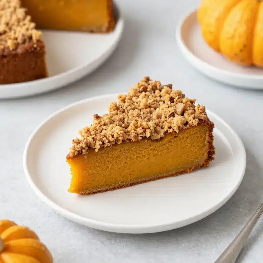 Pumpkin coffee cake topped with brown sugar cinnamon streusel on a serving plate