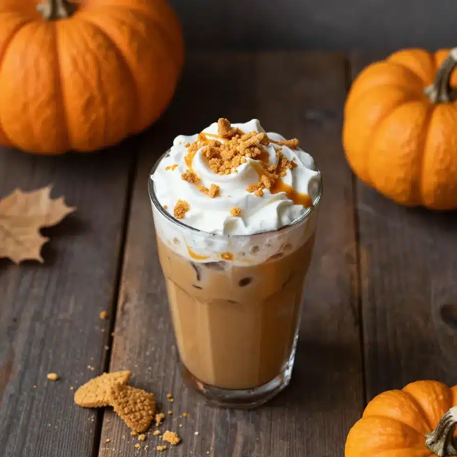 A glass of iced pumpkin spiced latte topped with whipped cream, cinnamon, and a drizzle of caramel on a light table.