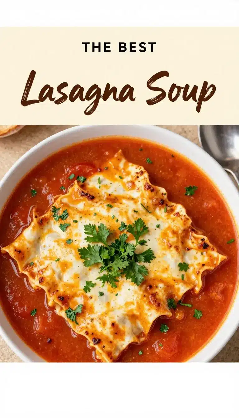 The Best Lasagna Soup 8 A bowl of hearty lasagna soup topped with melted cheese, fresh basil, and a spoon on the side