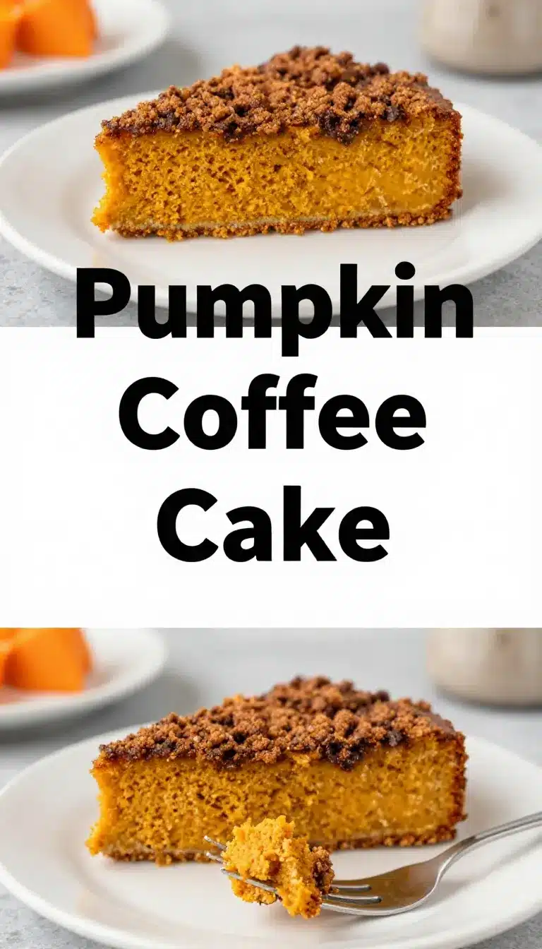 Pumpkin coffee cake topped with brown sugar cinnamon streusel on a serving plate
