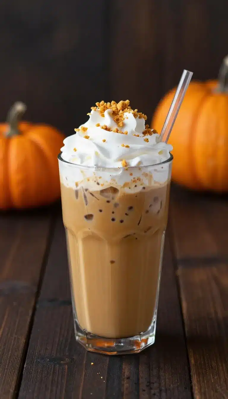 A glass of iced pumpkin spiced latte topped with whipped cream, cinnamon, and a drizzle of caramel on a light table.