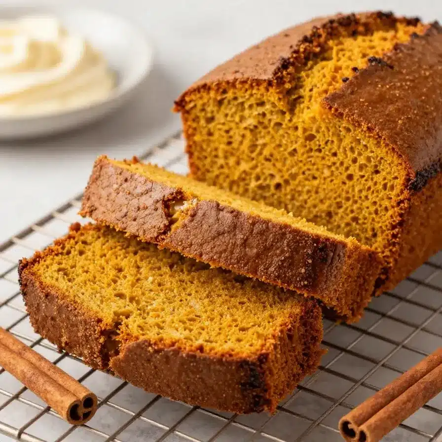 A loaf of sourdough pumpkin bread sliced on a wooden board, with a golden crust and moist orange crumb.