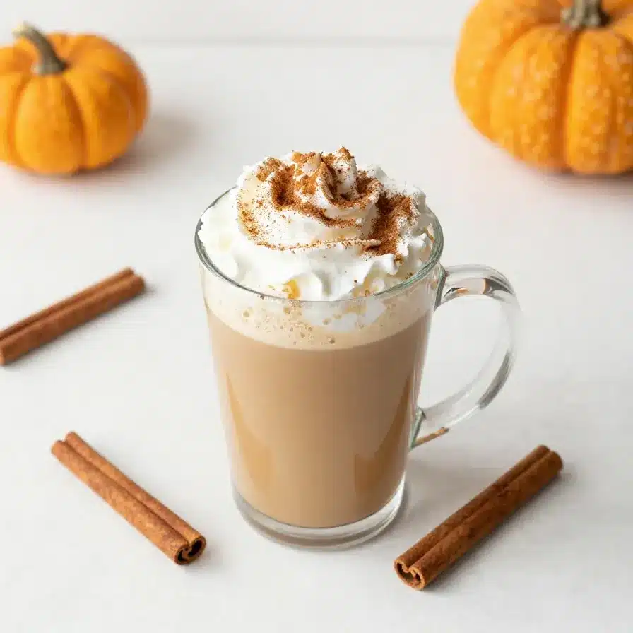 A creamy healthy keto pumpkin spice latte in a glass mug topped with cinnamon on a rustic table
