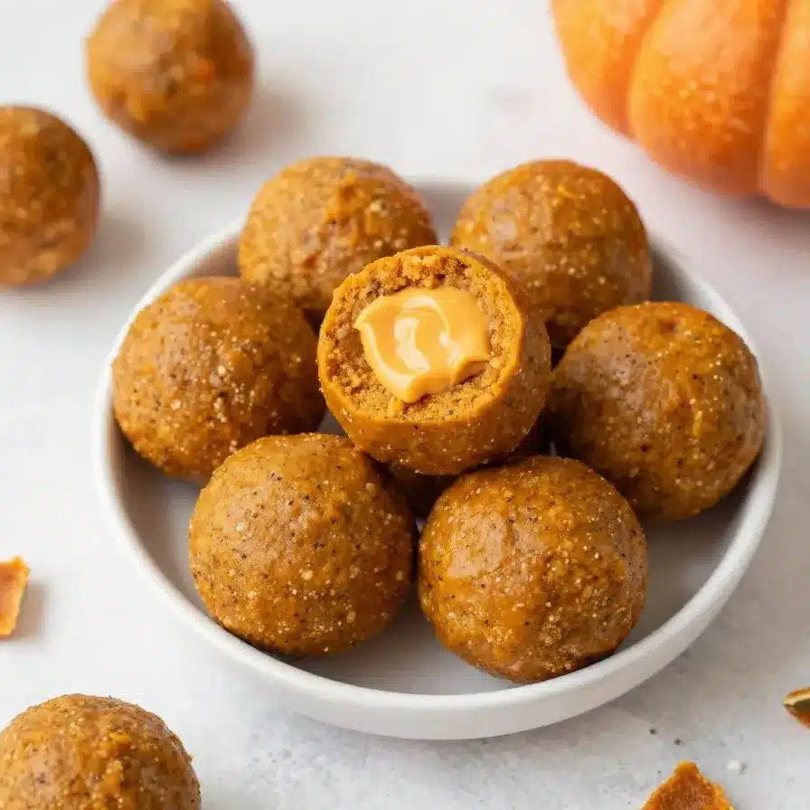 Healthy Pumpkin Pie Energy Balls Recipe 5 Healthy pumpkin pie energy balls coated with cinnamon on a white plate
