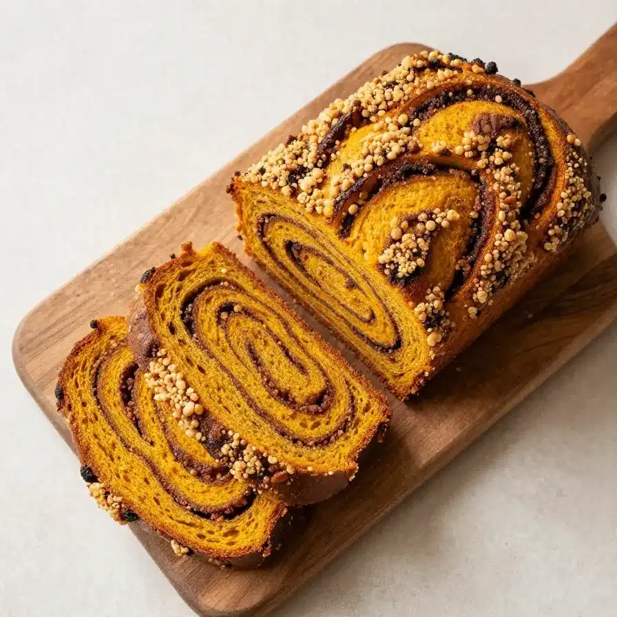 Sliced pumpkin cinnamon swirl sourdough bread showing a golden crust and visible cinnamon filling
