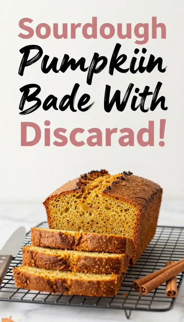 A loaf of sourdough pumpkin bread sliced on a wooden board, with a golden crust and moist orange crumb.