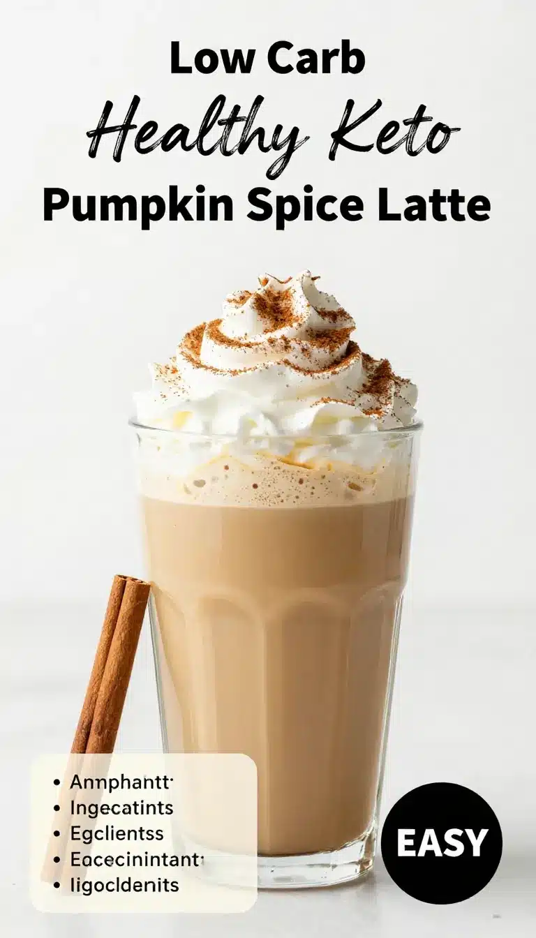 A creamy healthy keto pumpkin spice latte in a glass mug topped with cinnamon on a rustic table