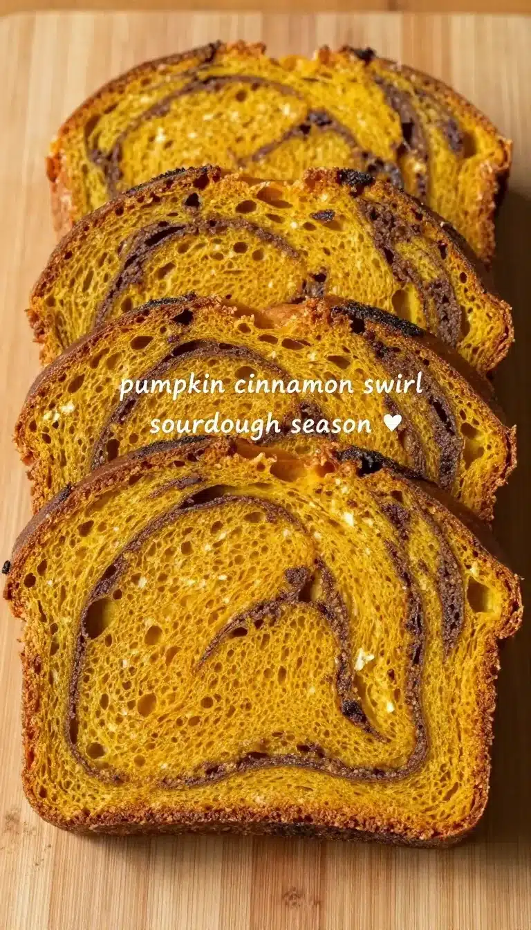Sliced pumpkin cinnamon swirl sourdough bread showing a golden crust and visible cinnamon filling