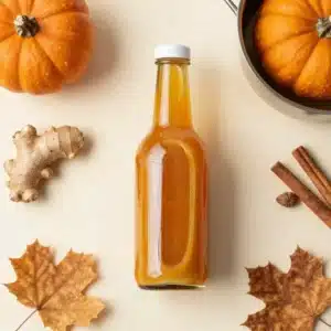 A cute fall spice syrup in a glass jar surrounded by cinnamon sticks, star anise, and autumn leaves