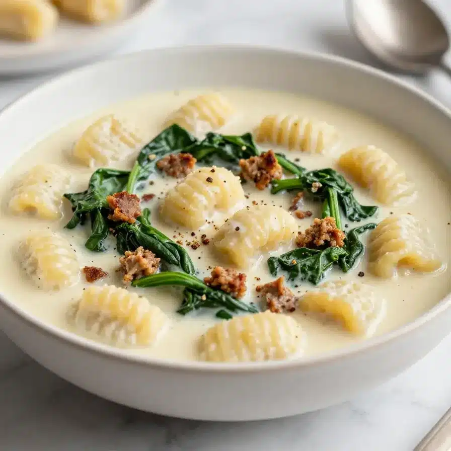 Creamy Sausage Gnocchi Soup Recipe 5 A bowl of creamy sausage gnocchi soup topped with fresh herbs and served with crusty bread