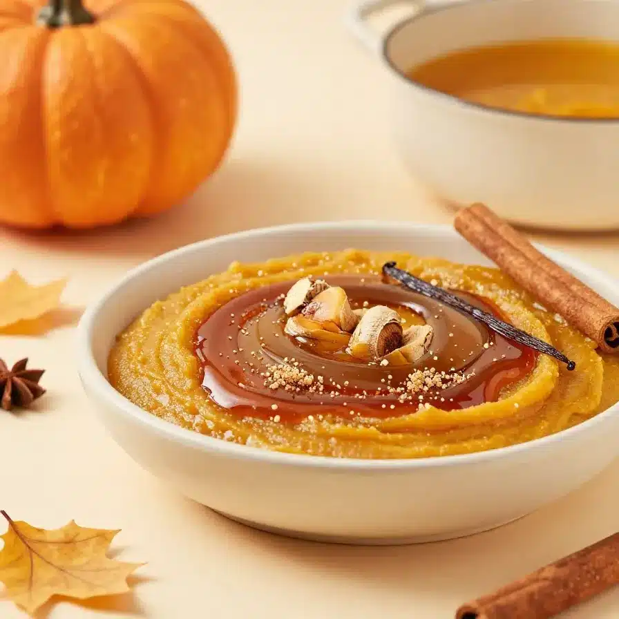 A cute fall spice syrup in a glass jar surrounded by cinnamon sticks, star anise, and autumn leaves