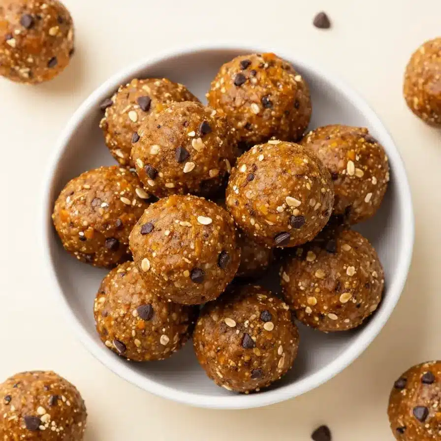 Homemade pumpkin energy balls rolled in oats and seeds on a plate