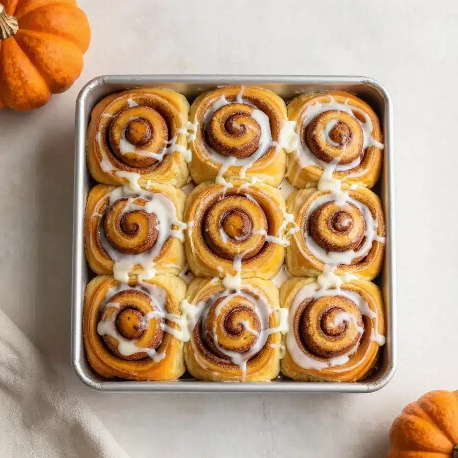 Pumpkin Cinnamon Rolls with Coffee Maple Frosting 5 Freshly baked pumpkin cinnamon rolls topped with coffee maple frosting on a plate