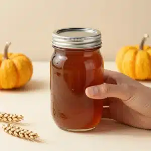 Homemade pumpkin coffee syrup in a glass jar with cinnamon sticks and star anise beside it