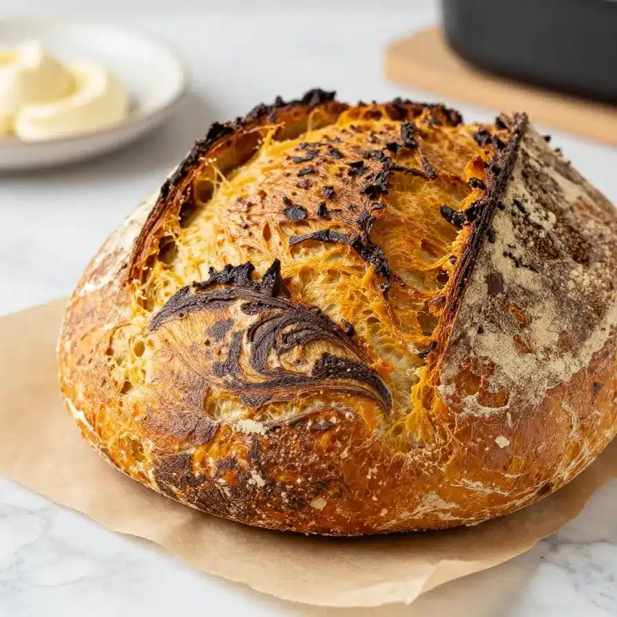 A loaf of pumpkin sourdough bread with a golden crust, pumpkin spice, and dried cranberries on a wooden cutting board
